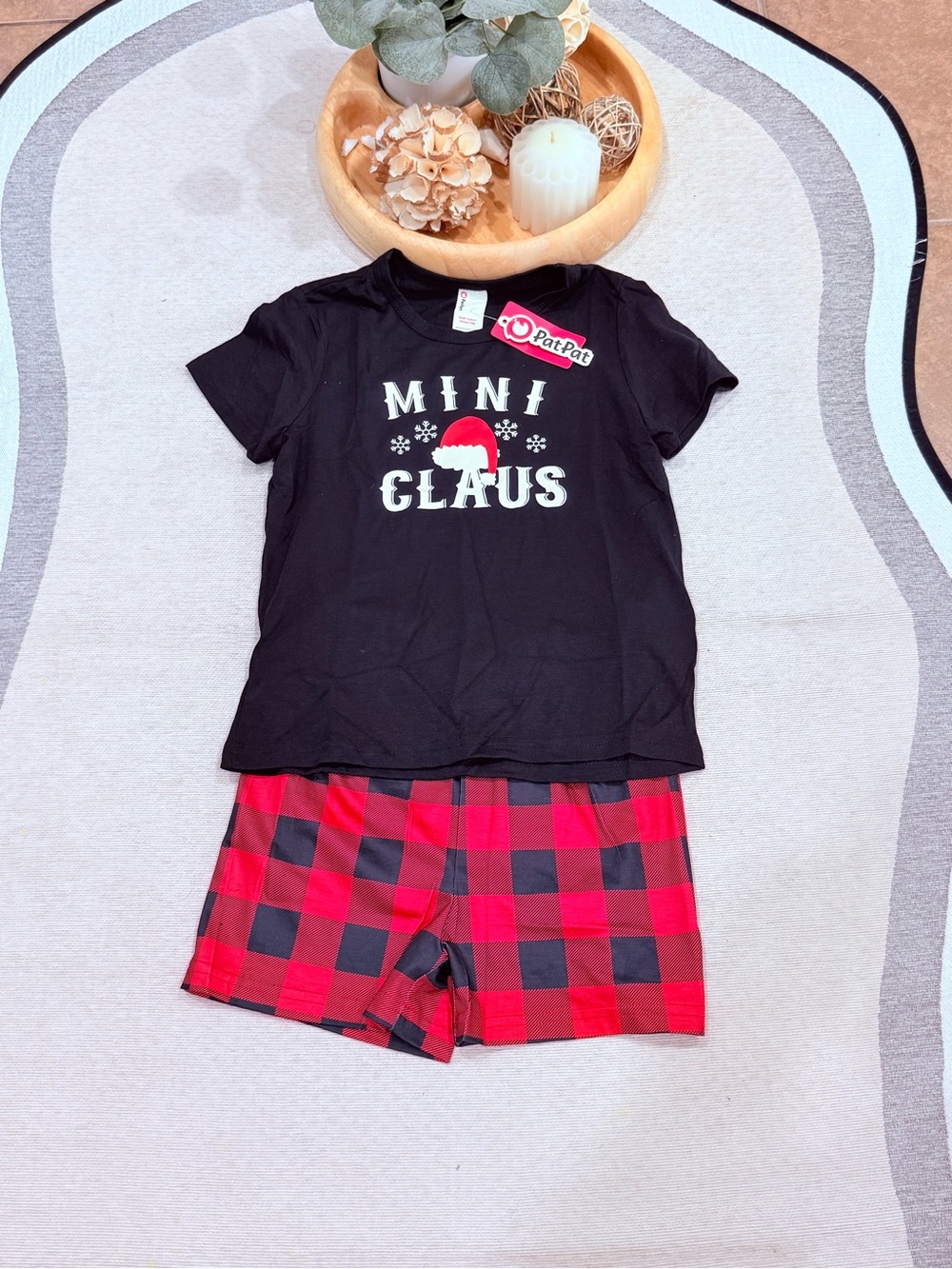 PatPat Black Top with Red Plaid Shorts Kids Pajama Set